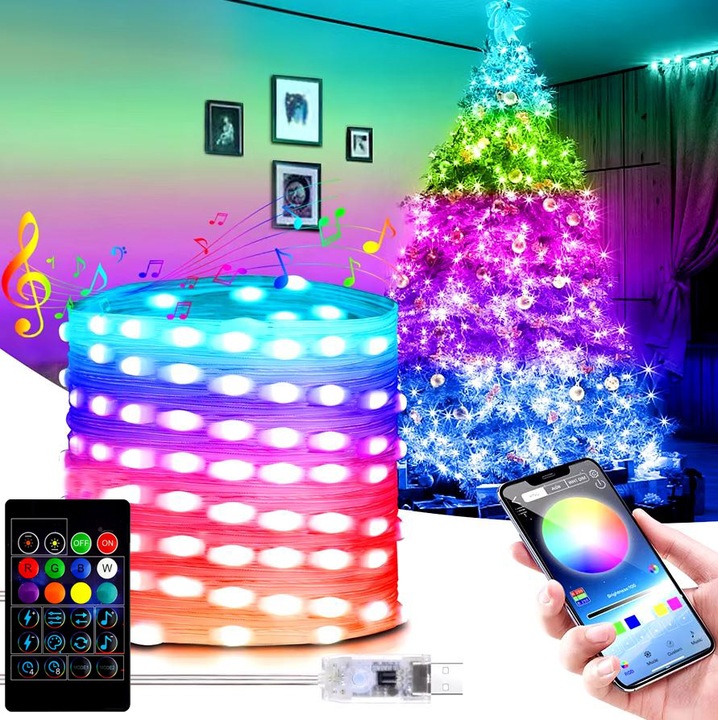 TAŚMA 200 LED INTELIGENTNE LAMPKI APLIKACJA BLUETOOTH PILOT STEROWANIE 20M