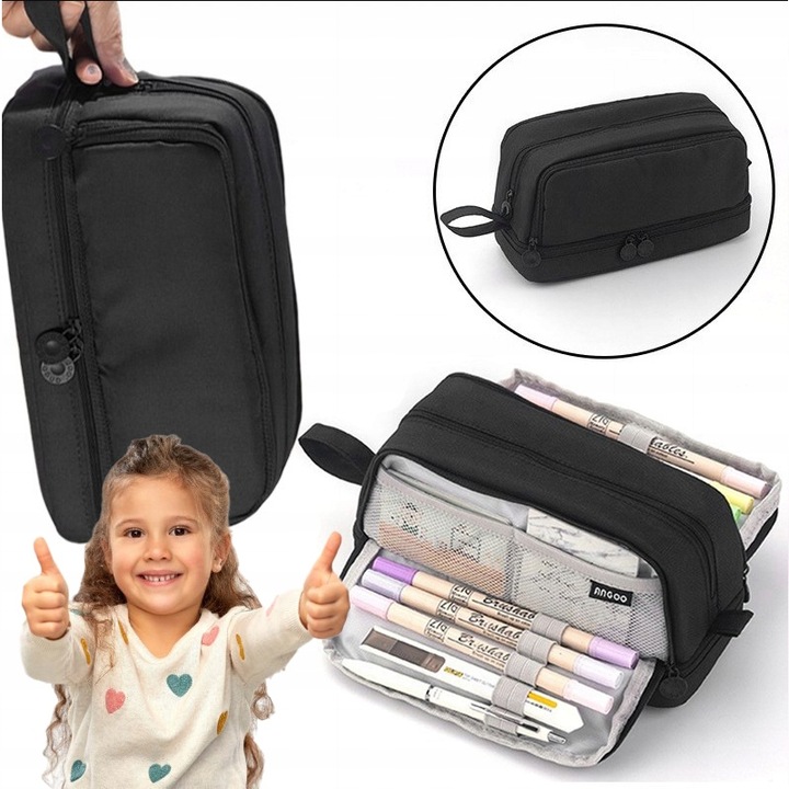 Duża pojemność Piórnik Szkolny Duży i Pojemny Komorowy Czarny 2024 NOWY