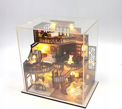 Domek dla Lalek Drewniany LED Piętrowy Retro Model do Złożenia DIY Meble