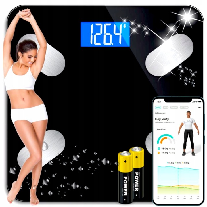 WAGA ŁAZIENKOWA ANALITYCZNA SMART APLIKACJA BLUETOTH SZKŁO + BATERIE GRATIS