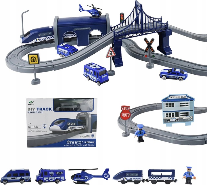 KOLEJKA ELEKTRYCZNA TORY POJAZDY MOSTY DOMKI POCIĄG WAGONY 92 elementów