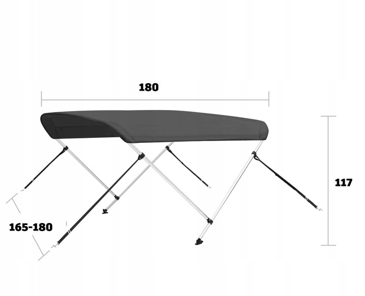 Daszek 2 Pałąki 180x170x117 pontonu łodzi baldachim bimini SZARY KORMORAN