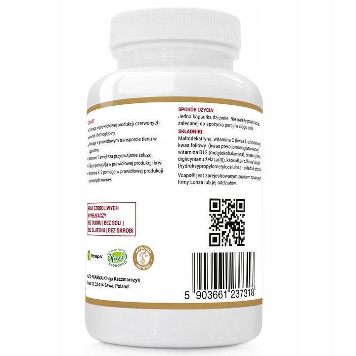 ŻELAZO CHELAT WITAMINA B9 B12 C WEGAN 3x120 kaps