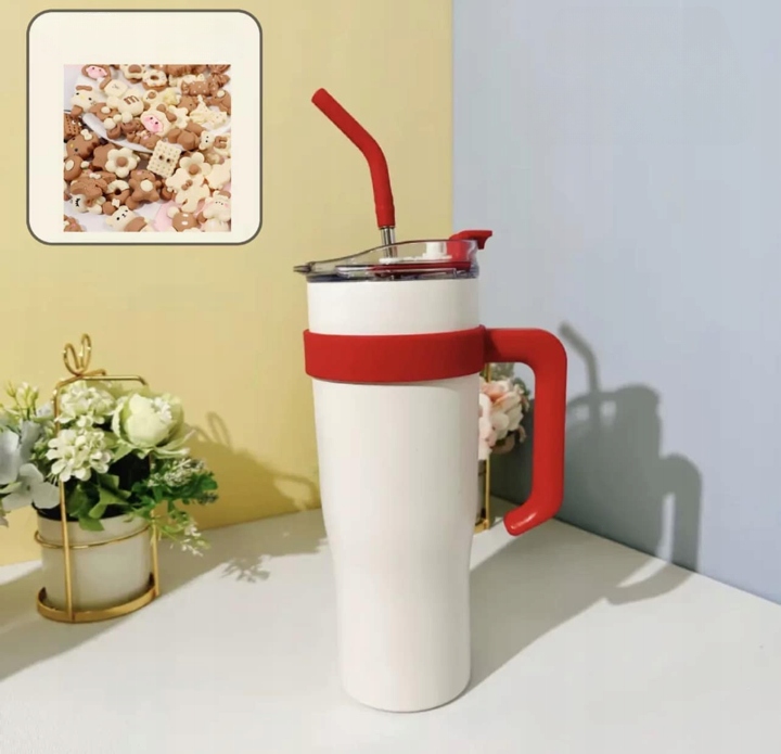 Kubek termiczny ze słomką i pokrywką – 1200 ml, stal nierdzewna