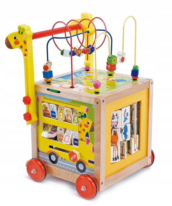 DUŻY DREWNIANY CHODZIK PCHACZ KOSTKA EDUKACYJNA 7w1 MONTESSORI + MULA