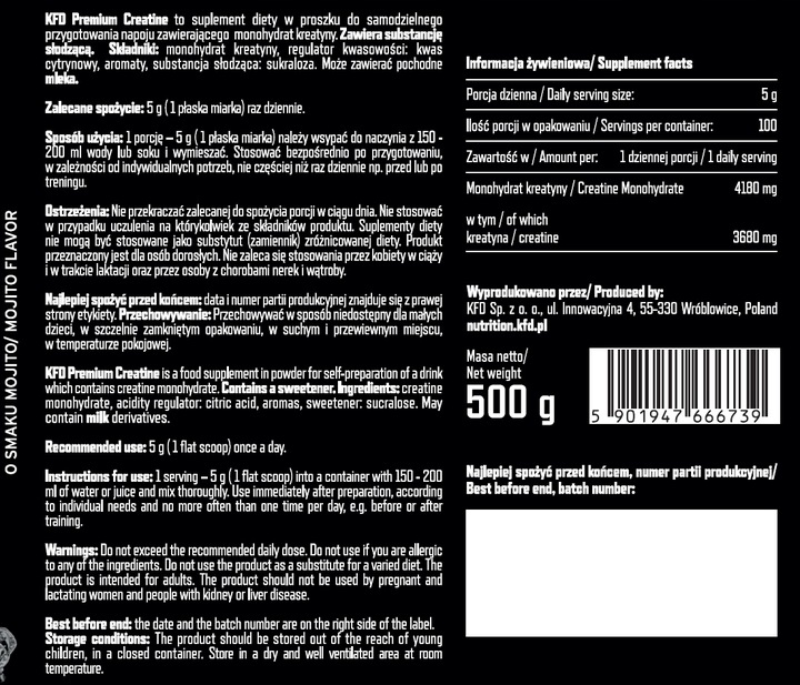 KFD PREMIUM CREATINE 500 G KREATYNA MONOHYDRAT MOJITO