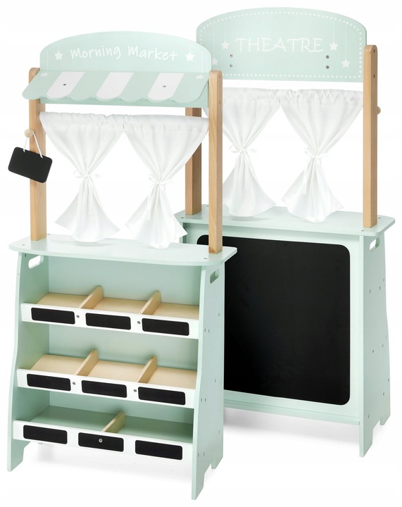 Duży drewniany sklep stragan teatr waga terminal płatniczy warzywa i owoce