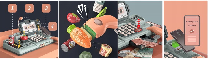 KASA FISKALNA Dla dzieci ZABAWKOWA zestaw SKANER WAGA TELEFON KOSZ ZAKUPY