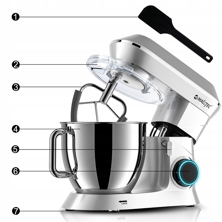 ROBOT KUCHENNY MIKSER PLANETARNY ZESTAW WIELOFUNKCYJNY SREBRNY 6,5L 2000W