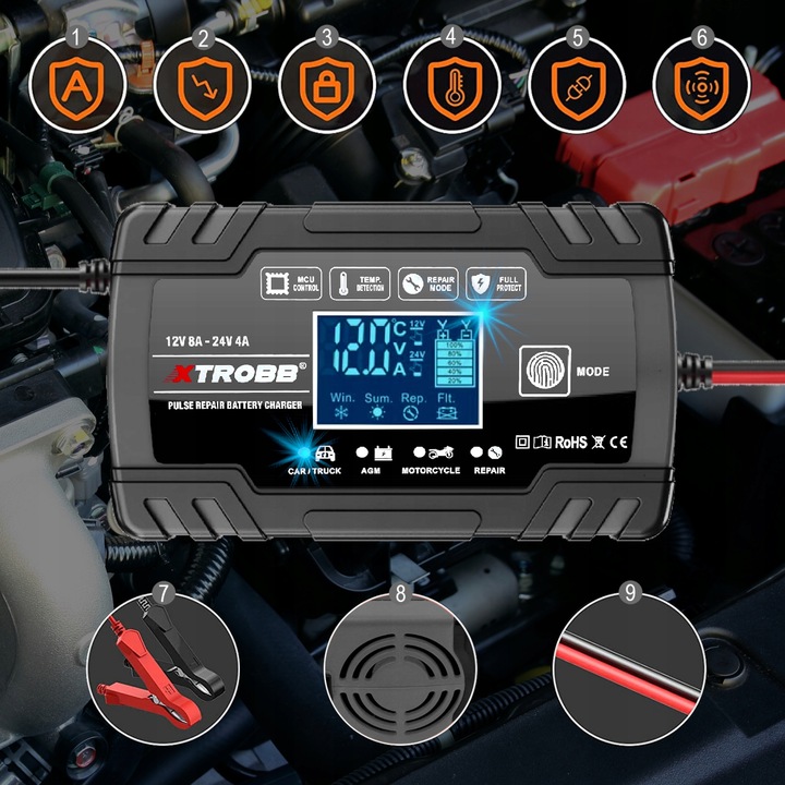 Prostownik SAMOCHODOWY AUTOMATYCZNY Z FUNKCJĄ NAPRAWY AKUMULATORÓW 12V 24V