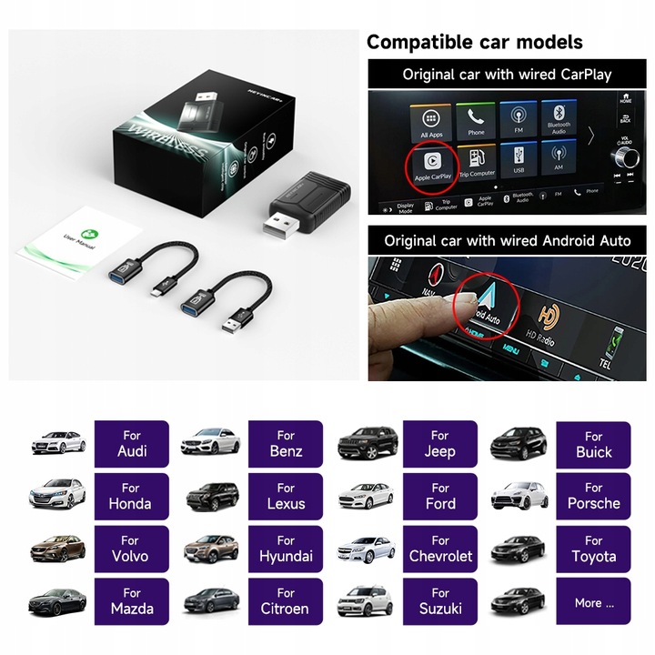 HEYINCAR 2 w 1 Bezprzewodowy adapter samochodowy Apple Carplay Android