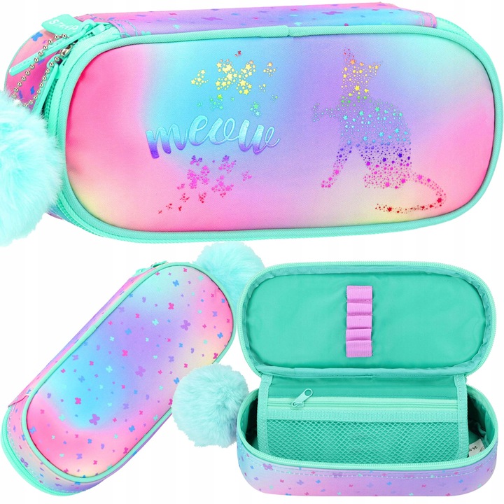 PIÓRNIK SZKOLNY SASZETKA USZTYWNIANA DLA DZIEWCZYNKI OMBRE Z KOTKIEM KOT