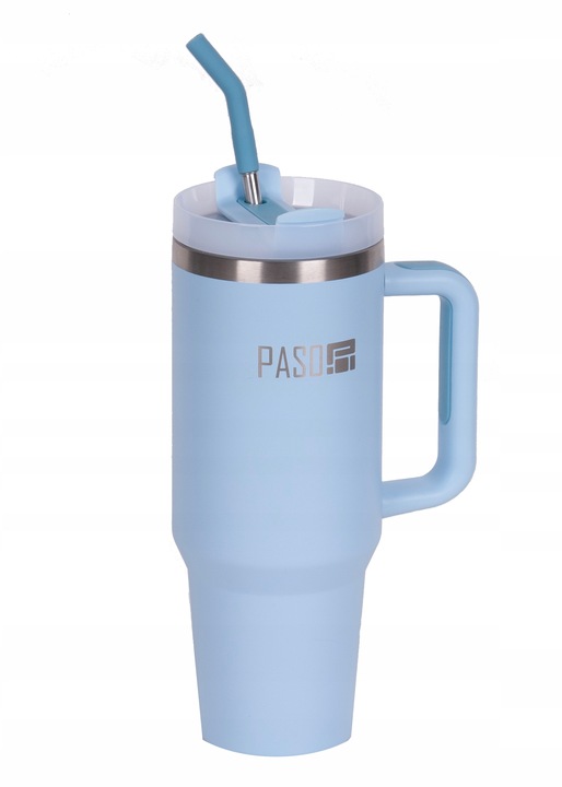 DUŻY KUBEK ZE STALI NIERDZEWNEJ ZE SŁOMKĄ I UCHWYTEM PASO BŁĘKITNY NA WODĘ