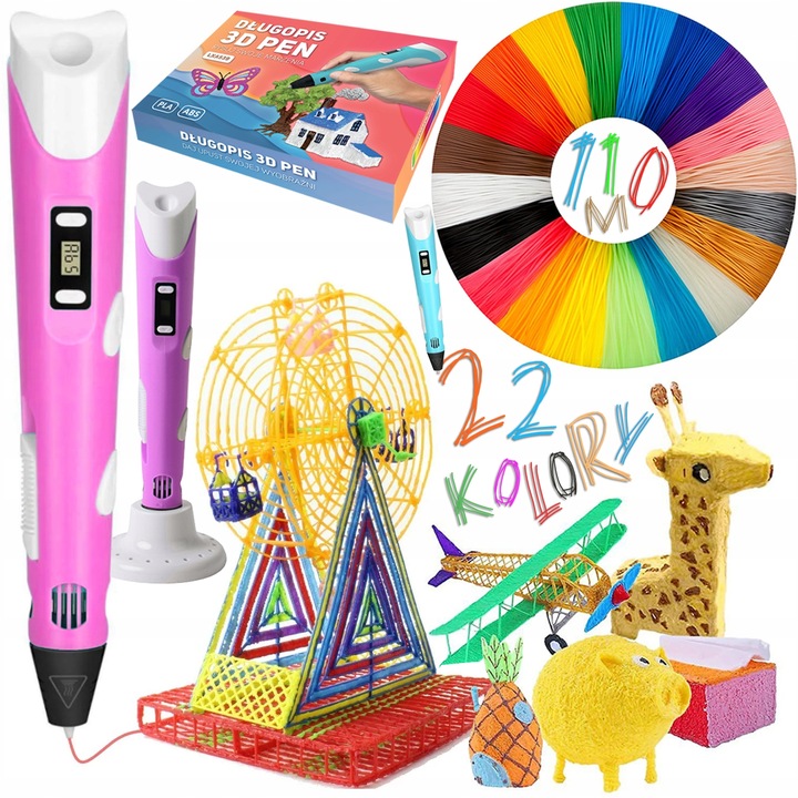 DŁUGOPIS 3D DRUKARKA DLA DZIECI / MEGA ZESTAW FILAMENT WKŁADY KOLOROWE 110M