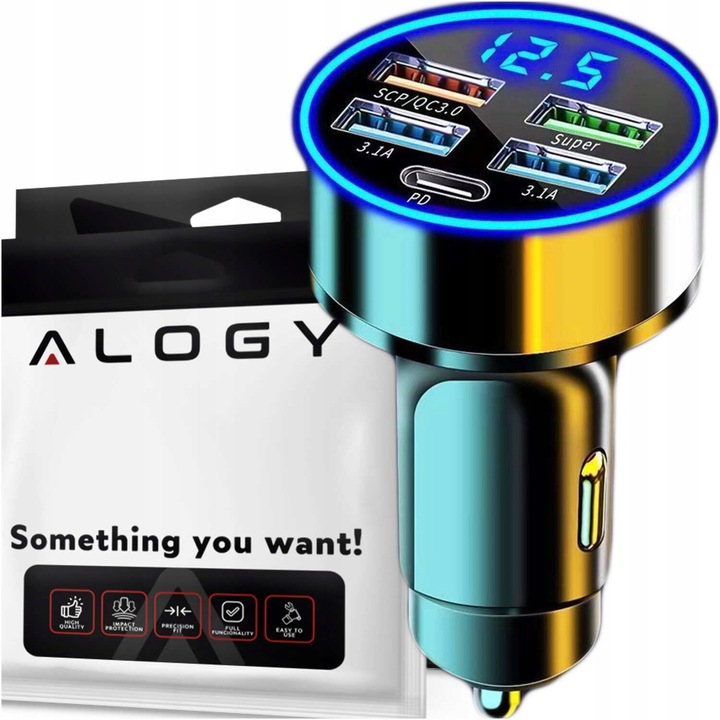 SZYBKA ŁADOWARKA SAMOCHODOWA 120W 4xUSB QC 3.0 + USB-C TYP C PD 20W CZARNA