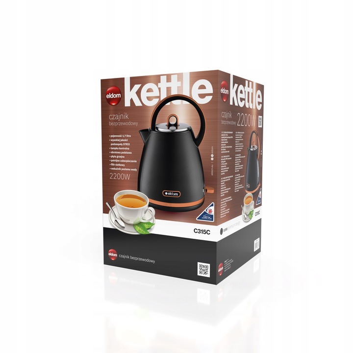 CZAJNIK ELEKTRYCZNY BEZPRZEWODOWY CZARNY 2200W 1,7l STRIX ELDOM C315c