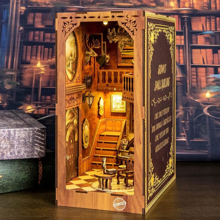 PUZZLE 3D PODPÓRKA DO KSIĄŻEK LED DIY MINIATUROWY DOMEK DREWNIANY BV02-003