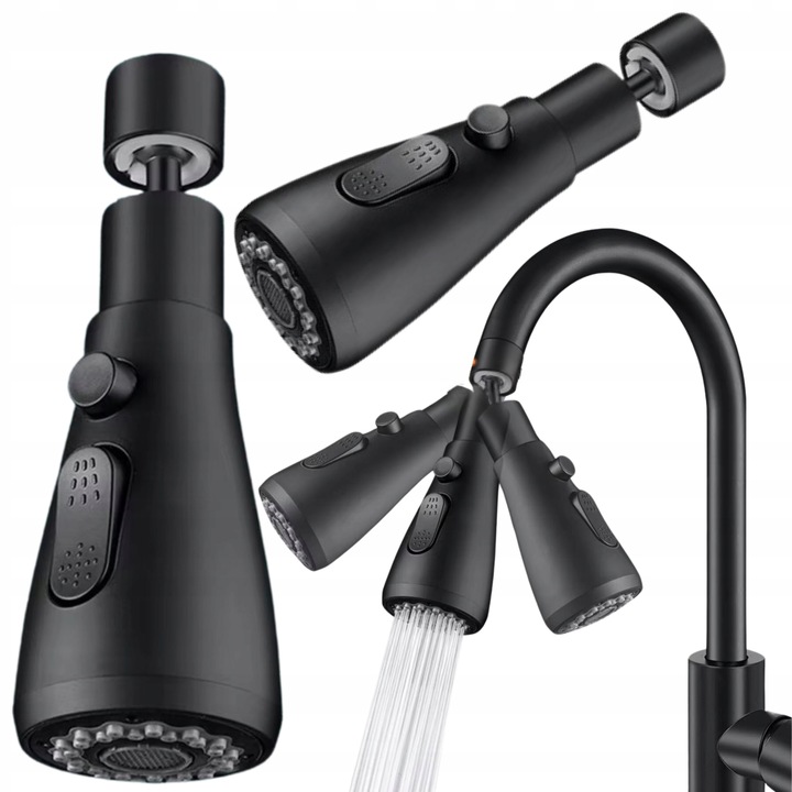PRZEDŁUŻACZ KRANU KUCHENNEGO AERATOR PERLATOR 3 FUNKCJE 360° CZARNY LOFT 2s