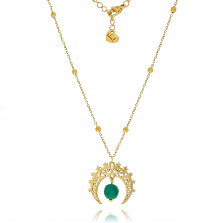 Naszyjnik z ażurowym księżycem i jadeitem zielonym stal pozłacana prezent