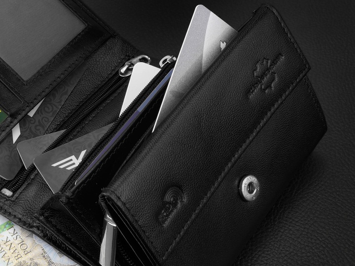 KOCHMANSKI portfel damski skórzany mały czarny na karty dokumenty pojemny