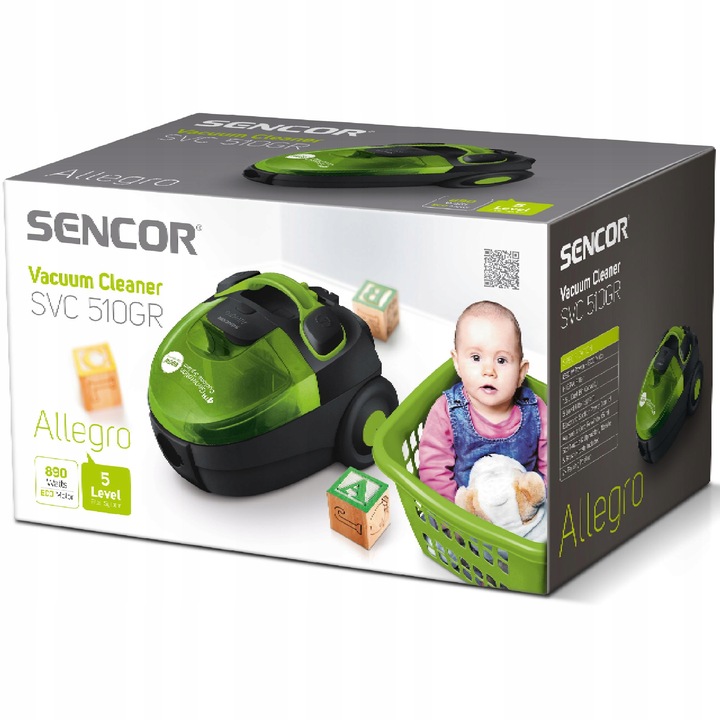 Mocny odkurzacz bezworkowy 890W HEPA dla alergików 76 dB Sencor SVC 510GR