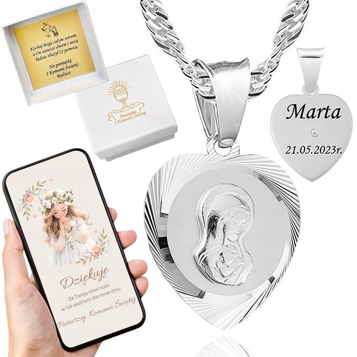 Medalik Serce Matka Boska srebrny łańcuszek 40cm 925 Komunia Chrzest GRAWER