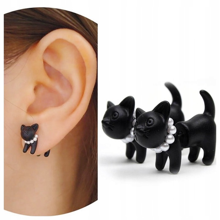 Kolczyki Sztyfty Kolor Srebrne Czarne Kotki Koty CAT 3D Urocze Subtelne16mm