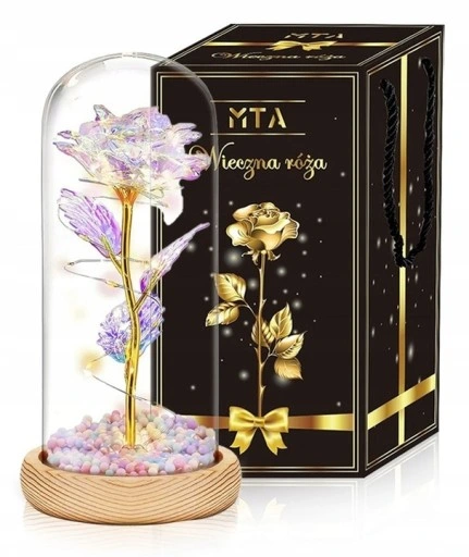 PIĘKNY ZŁOTY ŁAŃCUSZEK DAMSKI Z SERDUSZKIEM Z CYRKONIAMI + RÓŻA WIECZNA LED