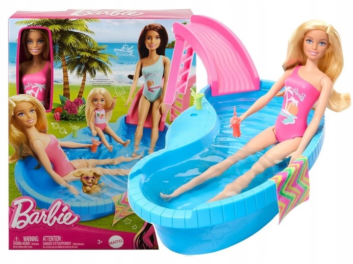 LALKA BARBIE BASEN zestaw basen ze zjeżdżalnią + lalką Barbie w kostiumie