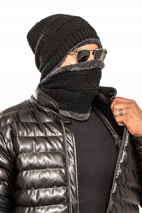 CZAPKA + KOMIN KOMPLET MĘSKI Z FUTERKIEM - CZARNY