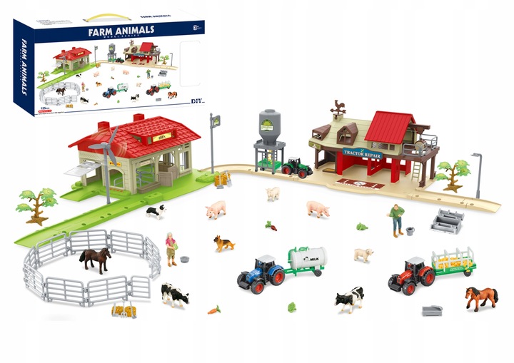 Mega Farma Gospodarstwo STODOŁA OBORA FGURKI ZWIERZĘTA DROGA + 3 TRAKTORY