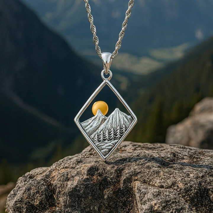 Srebrny Naszyjnik 925 z Górami Tatrami Polskie Góry Tatry Drzewa Słońce