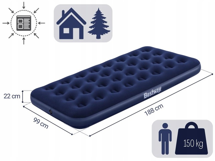 Materac Dmuchany Welurowy Jednoosobowy Łóżko Bestway 67001 188x99 MODEL2025