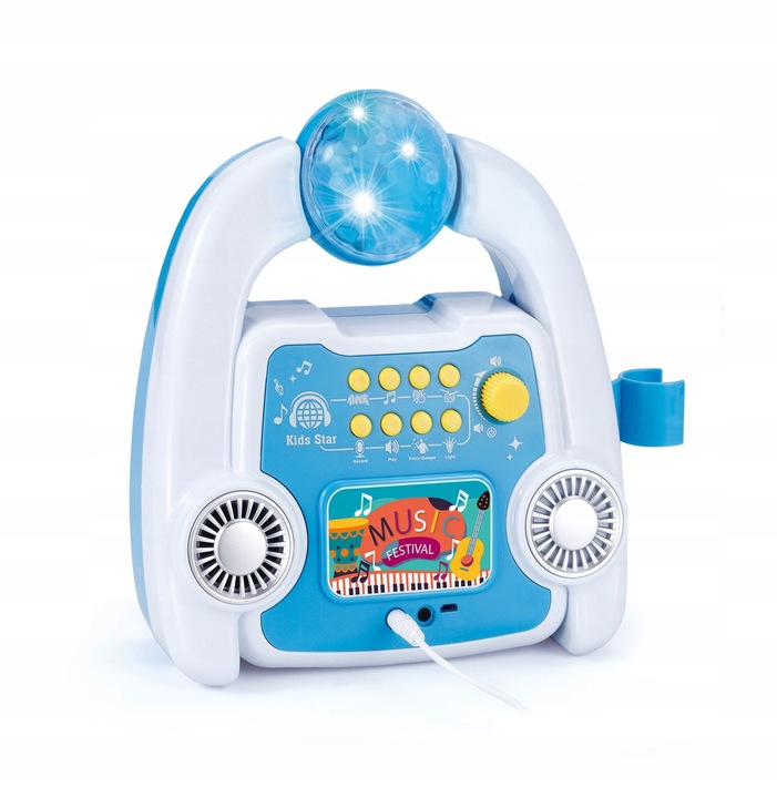 ZESTAW DO KARAOKE DLA DZIECI WZMACNIACZ + MIKROFON STATYW EFEKTY ŚWIATŁA