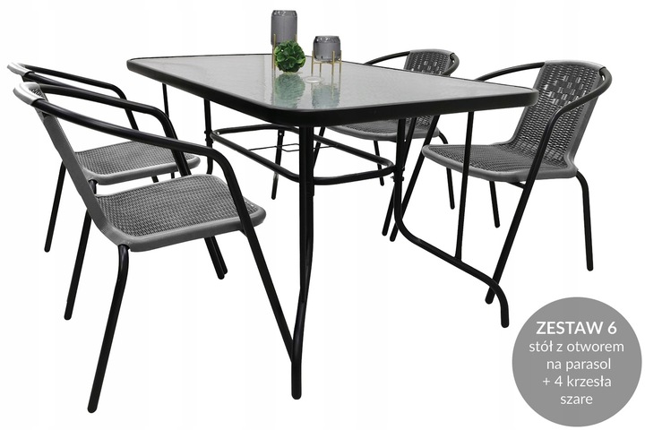 ZESTAW MEBLI OGRODOWYCH NA TARAS STÓŁ 120x70 + 4x KRZESŁA LORETTO SZARY MIX