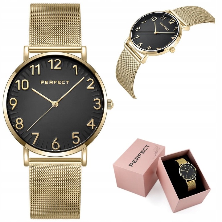 ZEGAREK DAMSKI PERFECT ZEFRA +BOX +GRAWER CYFRY bransoletka mesh złoty