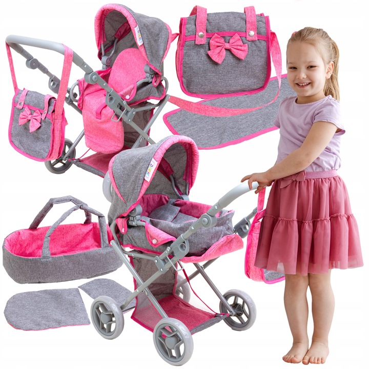 WÓZEK DLA LALEK 3w1 Spacerowy Głeboki Nosidło Torba Przewijak DORIS