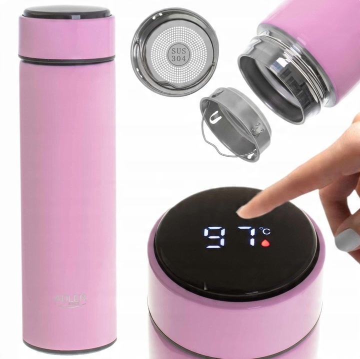 RÓŻOWY TERMOS KUBEK TERMICZNY NA KAWĘ HERBATĘ SMART LED DUŻY 500ml