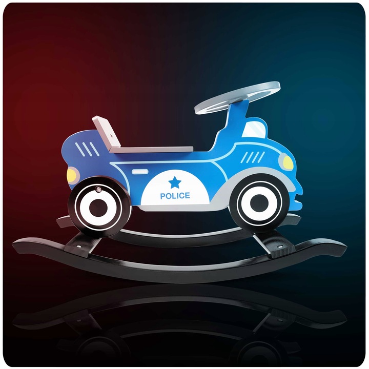 AUTO KOŃ NA BIEGUNACH POLICJA ZABAWKA NA BIEGUNACH DREWNIANY BUJACZEK