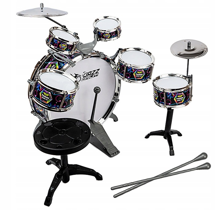 PERKUSJA DUŻA DLA DZIECI ZESTAW 6 BĘBNÓW 2 TALERZE TABORET ZABAWKA MUZYCZNA