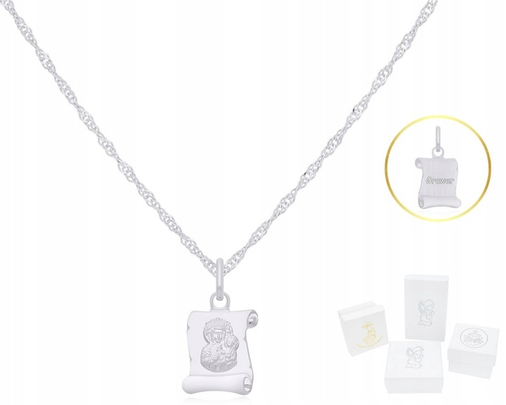 ŁAŃCUSZEK SREBRNY DLA DZIEWCZYNKI MEDALIK MATKA BOSKA + GRAWER dł.42 cm 925