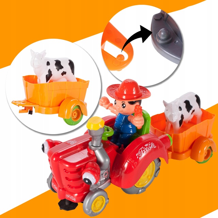 TRAKTOR TRAKTOREK FARMERA Z PRZYCZEPKĄ INTERAKTYWNY JEŹDZI ŚPIEWA KRÓWKA