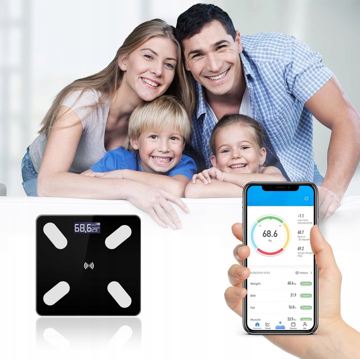 WAGA ŁAZIENKOWA ANALITYCZNA SMART APLIKACJA BLUETOTH SZKŁO + BATERIE GRATIS