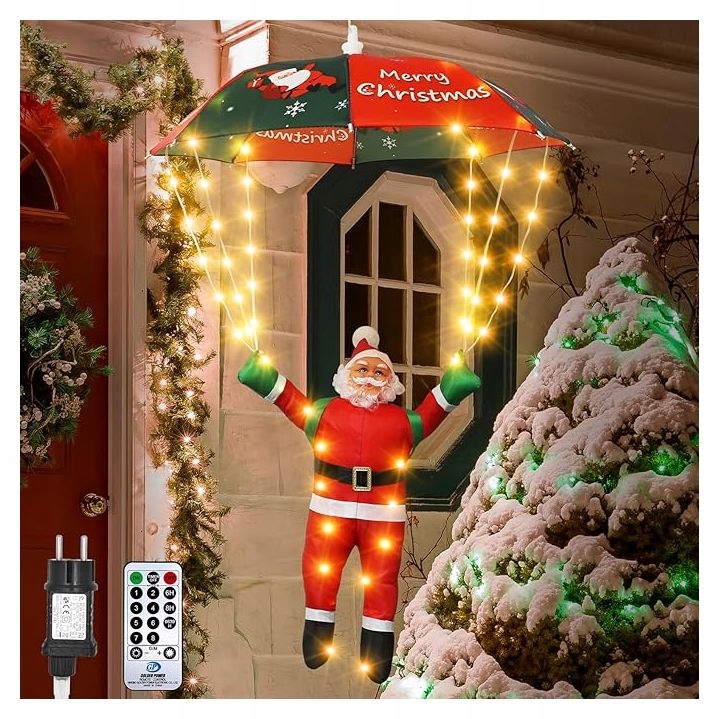 Mikołaj Ze Spadochronem LED 60cm Ozdoba Świąteczna 8 Trybów Dekoracja