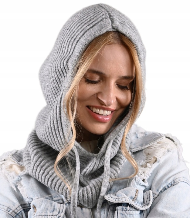Czapka damska szara KAPTUR modny balaclava Kominiarka komin miekka zimowa