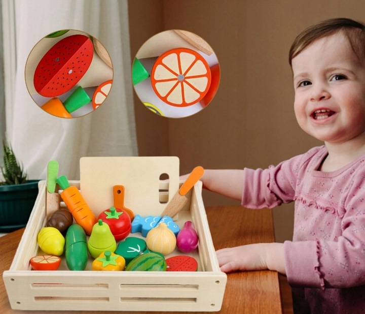 DREWNIANE WARZYWA I OWOCE NA MAGNES ZESTAW DO KROJENIA ZABAWKA EDUKACYJNA