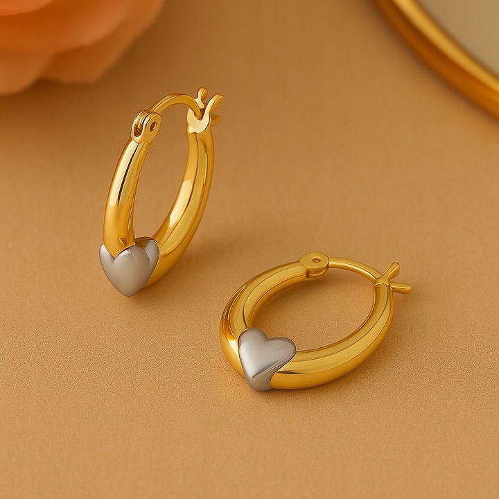 Złote Kolczyki 585 Wiszące Gładkie Okrągłe z Sercem Dla Kobiety Grawer