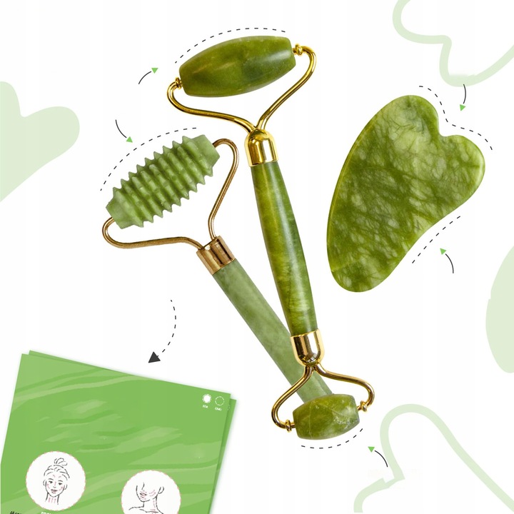 3w1 Masażer do twarzy KAMIEŃ GUA SHA z jadeitu zestaw roller wałek masażu