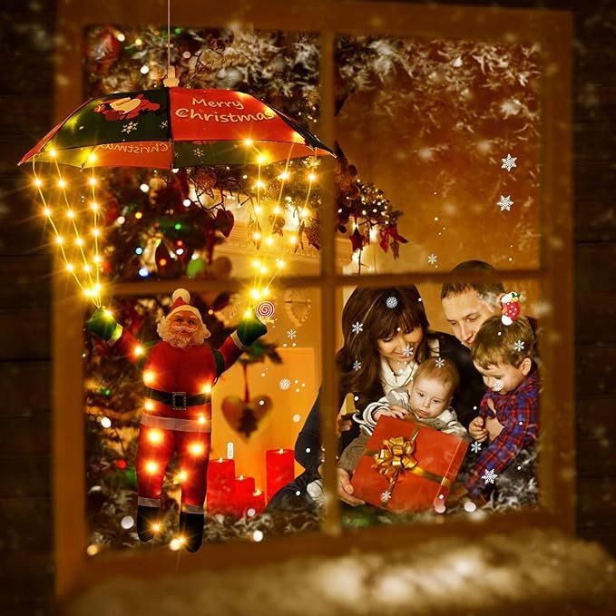 Mikołaj Ze Spadochronem LED 60cm Ozdoba Świąteczna 8 Trybów Dekoracja