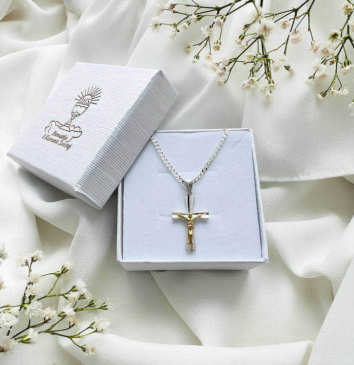 Srebrny łańcuszek i krzyżyk zestaw komunijny 45 cm srebro pozłacany prezent